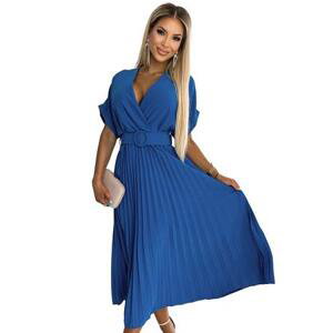 Numoco Plisované midi šaty s výstřihem a širokým páskem FELICIA - modré Velikost: UNI, Modrá, Univerzální