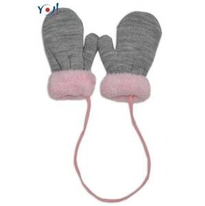 Zimní kojenecké rukavičky s kožíškem - se šňůrkou YO - šedé/růžový kožíšek 80-92 (12-24m)