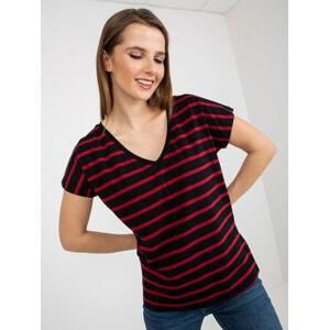Fashionhunters Černočervené dámské basic pruhované bavlněné tričko Velikost: S