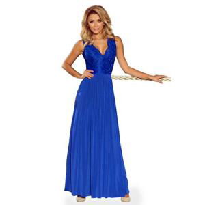 Numoco Dlouhé šaty s krajkovým výstřihem LEA - modré Velikost: XL, Modrá