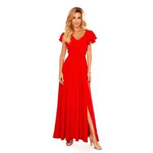 Numoco Dlouhé šaty s výstřihem a volánky LIDIA - červené Velikost: XL, Červená