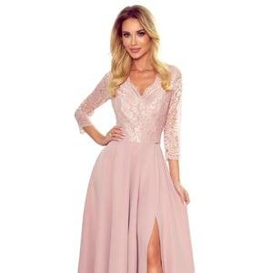 Numoco Elegantní dlouhé šaty s krajkovým výstřihem AMBER - pudrově růžové Velikost: XXL, Růžová