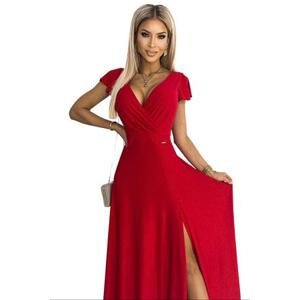 Numoco Dámské třpytivé dlouhé šaty s výstřihem CRYSTAL - červené Velikost: M, Červená