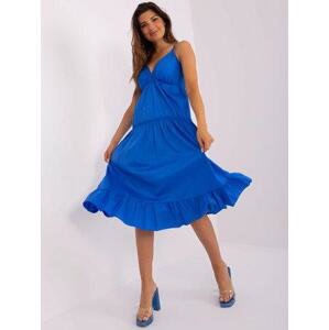 Fashionhunters Tmavě modré midi šaty s volánkem OCH BELLA Velikost: L