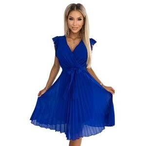 Numoco Plisované šaty s výstřihem a volány POLINA - modré Velikost: L, Modrá