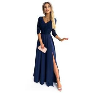 Numoco Elegantní dlouhé šaty s krajkovým výstřihem AMBER - tmavě modré Velikost: XL, Modrá