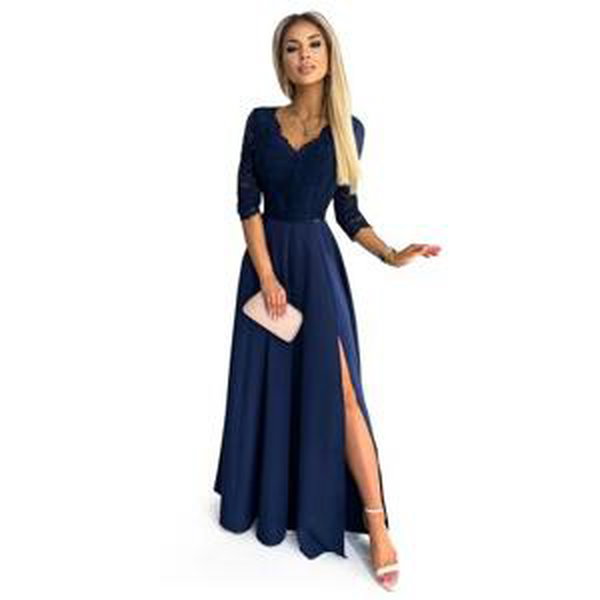 Numoco Elegantní dlouhé šaty s krajkovým výstřihem AMBER - tmavě modré Velikost: L, Modrá