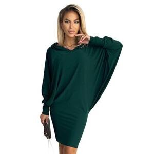 Numoco Šaty s netopýřími rukávy a kapucí - lahvově zelené Velikost: L / XL, Zelená