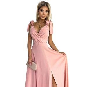 Numoco Dlouhé šaty s výstřihem a zavazováním na ramenou ELENA - růžové Velikost: XL, Růžová