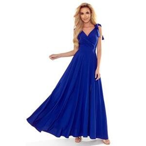 Numoco Dlouhé šaty s výstřihem a zavazováním na ramenou ELENA - modré Velikost: XL, Modrá
