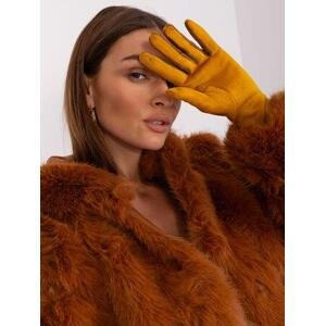 Fashionhunters Tmavě žluté rukavice s ozdobným páskem.Velikost: L/XL