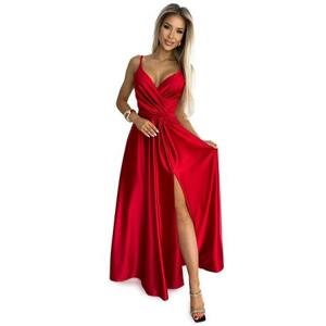 Numoco Elegantní dlouhé saténové šaty s výstřihem JULIET - červené Velikost: S, Červená