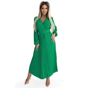 Numoco Plisované midi šaty s výstřihem, dlouhými rukávy a širokým páskem VIVIANA – světle zelené Velikost: UNI, Zelená, Univerzální
