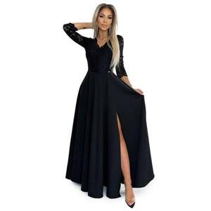 Numoco AMBER elegantní krajkové dlouhé šaty s výstřihem a rozparkem na nohavicích - černé Velikost: M, Černá