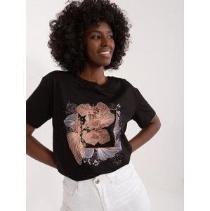 Fashionhunters Černé dámské tričko s kamínky a flitry Velikost: S