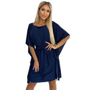 Numoco Dámské šaty s vázáním v pase SOFIA - námořnická modrá se třpytkami Velikost: L / XL