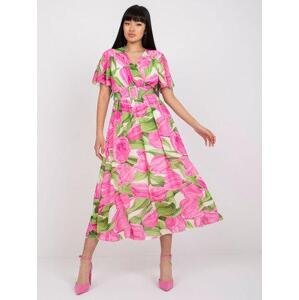 Fashionhunters Růžové a zelené květované šaty s psaníčkovým výstřihem. velikost: ONE SIZE, JEDNA, VELIKOST