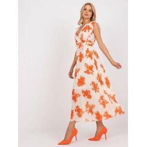 Fashionhunters Béžové a oranžové dlouhé plisované šaty s potisky Velikost: JEDNA VELIKOST