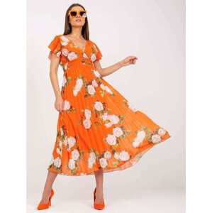 Fashionhunters Oranžové květované řasené šaty v midi délce.Velikost: JEDNA VELIKOST