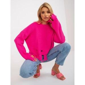 Fashionhunters Fluo růžový krátký asymetrický svetr s dírkami RUE PARIS Velikost: ONE SIZE, JEDNA, VELIKOST