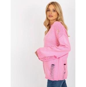Fashionhunters Růžový dámský oversize svetr s dírkami Velikost: ONE VELIKOST, JEDNA