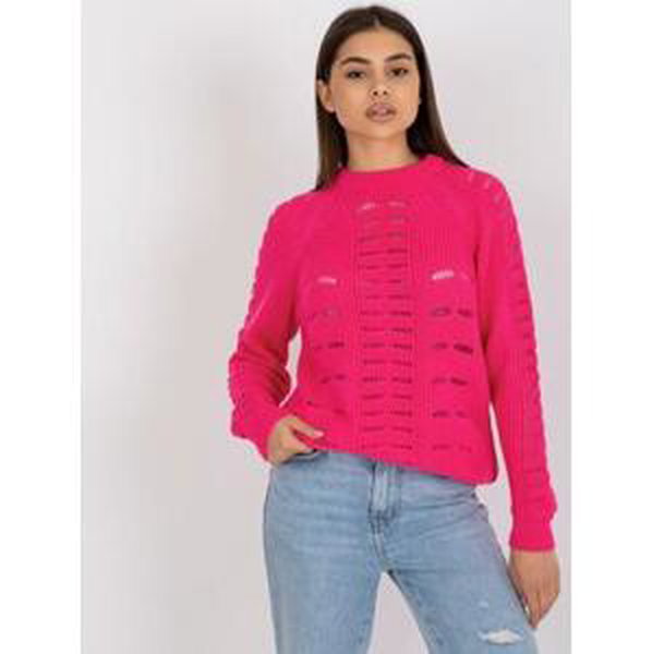 Fashionhunters Fluo růžový prolamovaný oversize svetr s kulatým výstřihem.Velikost: ONE VELIKOST, JEDNA