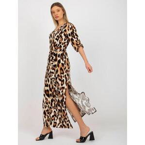 Fashionhunters Béžové a černé midi šaty s leopardím vzorem s kravatou Velikost: S/M