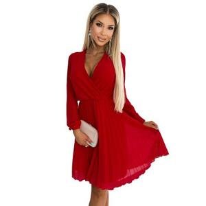 Numoco Plisované šaty s dlouhými rukávy a výstřihem ISABELLE - červené Velikost: S, Červená
