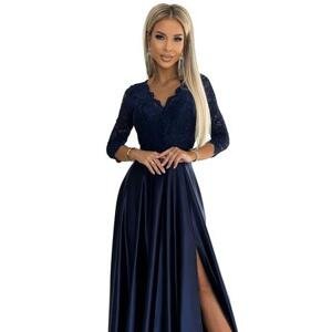 Numoco Krajkové dlouhé SATÉNOVÉ šaty s výstřihem - námořnická modrá Velikost: L