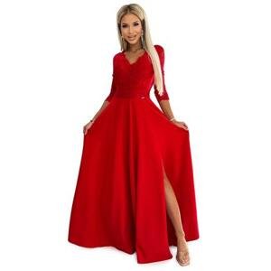 Numoco Elegantní krajkové dlouhé šaty s výstřihem a rozparkem AMBER - červené Velikost: S, Červená