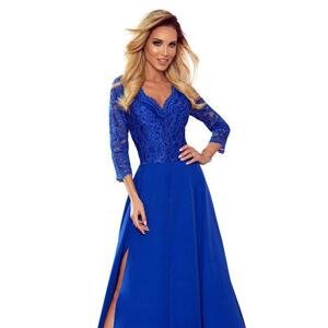 Numoco Elegantní dlouhé šaty s krajkovým výstřihem AMBER - modré Velikost: XL, Modrá