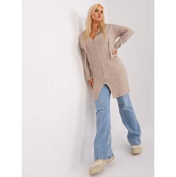 Fashionhunters Tmavě béžový dlouhý svetr větší velikosti s kapucí.Velikost: XXL/XXXL