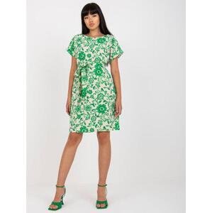 Fashionhunters Béžové a zelené lněné květované šaty s vázačkou.Velikost: L / XL
