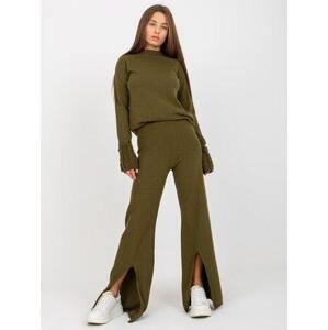 Fashionhunters Khaki pletené kalhoty s rozparkem a elastickým pasem Velikost: ONE SIZE, JEDNA, VELIKOST