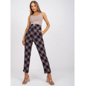 Fashionhunters Černofialové kostkované kalhoty s vysokým pasem Velikost: XL