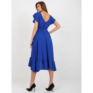 Fashionhunters Kobaltově modré midi šaty s volánem a krátkým rukávem.Velikost: JEDNA VELIKOST