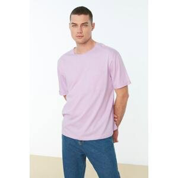 Trendyol Lilac Men Oversized Crew Neck Short Sleeved Plain 100% Cotton T-Shirt with Pockets