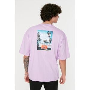Trendyol Lilac Men's Oversize/Wide Cut Crew Neck Short Sleeved T-Shirt with Photo Print. 100% Cotton.