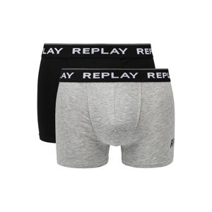 Replay Boxerky Boxer Style 2 Cuff Logo&Print 2Pcs Box - Black/Grey Melange - Pánské