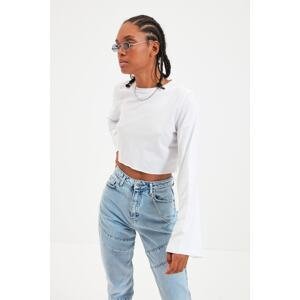Trendyol White 100% Cotton Crop Crew Neck Flare Sleeve Knitted T-Shirt