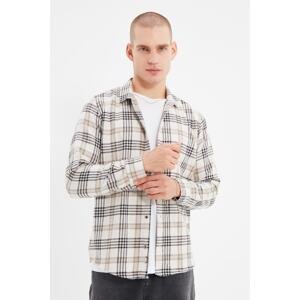 Trendyol Beige Men's Regular Fit Shirt Collar Woodcut Plaid Shirt