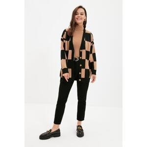 Trendyol Camel Checkers Pattern Knitwear Cardigan