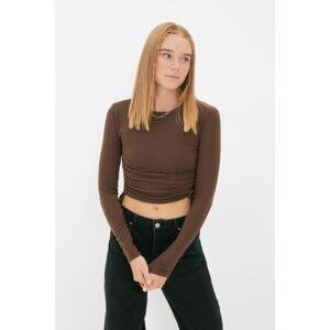 Trendyol Brown Crew Neck With Shirring Details on the Sides Ribbed Flexible Crop Knitted Blouse