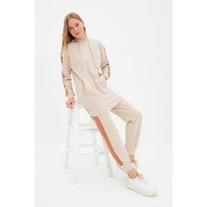 Trendyol Beige Hoodie Kangaroo Set with Pocket, Stripe and Pile Inside Knitted Knitted Tracksuit