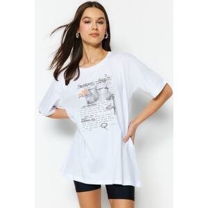 Trendyol White 100% Cotton Printed Boyfriend Crew Neck Knitted T-Shirt