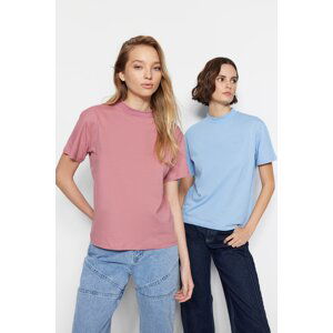 Trendyol Dried Blue-Rose 2-Pack 100% Cotton Basic Stand-Up Collar Knitted T-Shirt