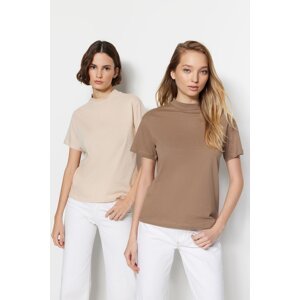 Trendyol Beige-Mink 2 Pack 100% Cotton Basic High Collar Knitted T-Shirt