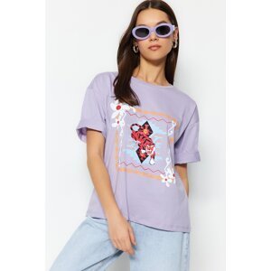 Trendyol Lilac 100% Cotton Printed Relaxed/Wide, Comfortable Cut Crewneck Knitted T-Shirt
