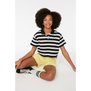 Trendyol Black and White Striped Crop Polo Neck Knitted T-Shirt