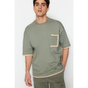 Trendyol Khaki Men's Oversize/Wide Cut Crew Neck Contrast Detailed T-Shirt.